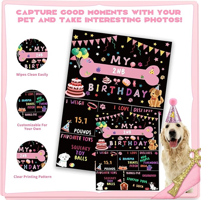 Dog Party Supplies Decorations - Cute Bandana, Let's Pawty Banner, Cake Topper, Hat, Pink Bowtie, Tutu Skirt, Paw Balloon for Birthday Celebration
