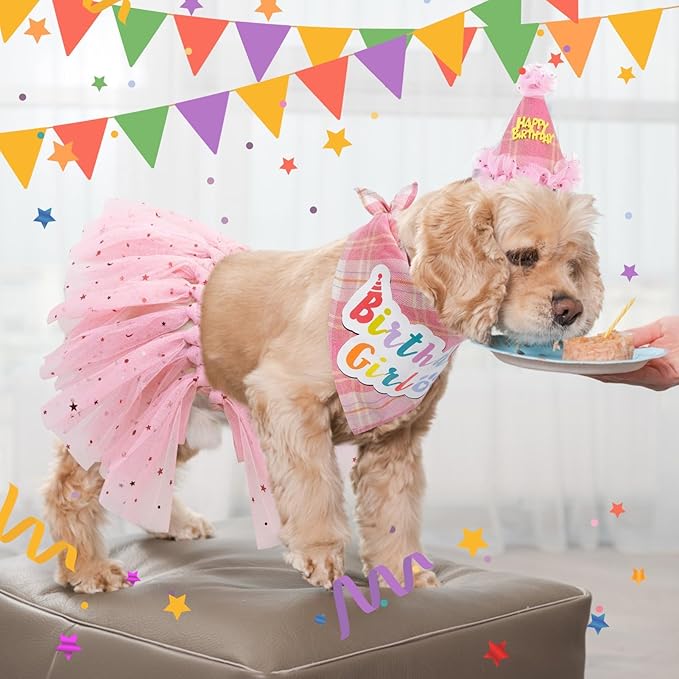 SCENEREAL Dog Birthday Bandana Hat with Dress Girl Set Party Supplies Plaid Puppy Birthday Outfit Cute Dog Tutus for Small Medium Lage Dogs, Pink Plaid