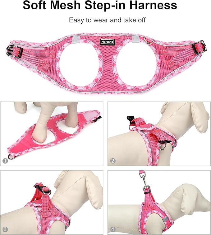 Mercano Soft Mesh Dog Harness and Leash Set, No-Chock Step-in Reflective Breathable Lightweight Easy Walk Vest Harnesses with Safety Buckle for Small Dogs, Cats (XL, Fuchsia)