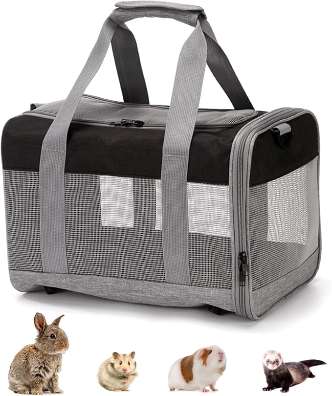 kathson Small Animal Carrier Bag, Guinea Pig Rabbit Travel Carrier Breathable Mesh Window Pet Portable Hand Bag for Hamster Bird Bunny Bearded Dragon Kitty and Etc (Grey with Black)