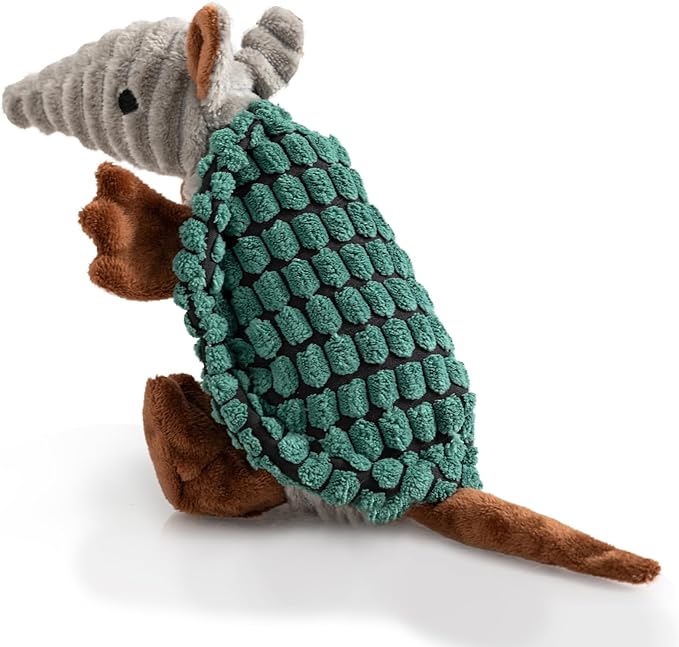 Hollypet Plush Dog Squeaky Toy Stuffed Armadillo Animal Pet Puppy Chew Toys with Clean Teeth for Small Medium Large All Breed Sizes Dogs, Deep Green,8 in
