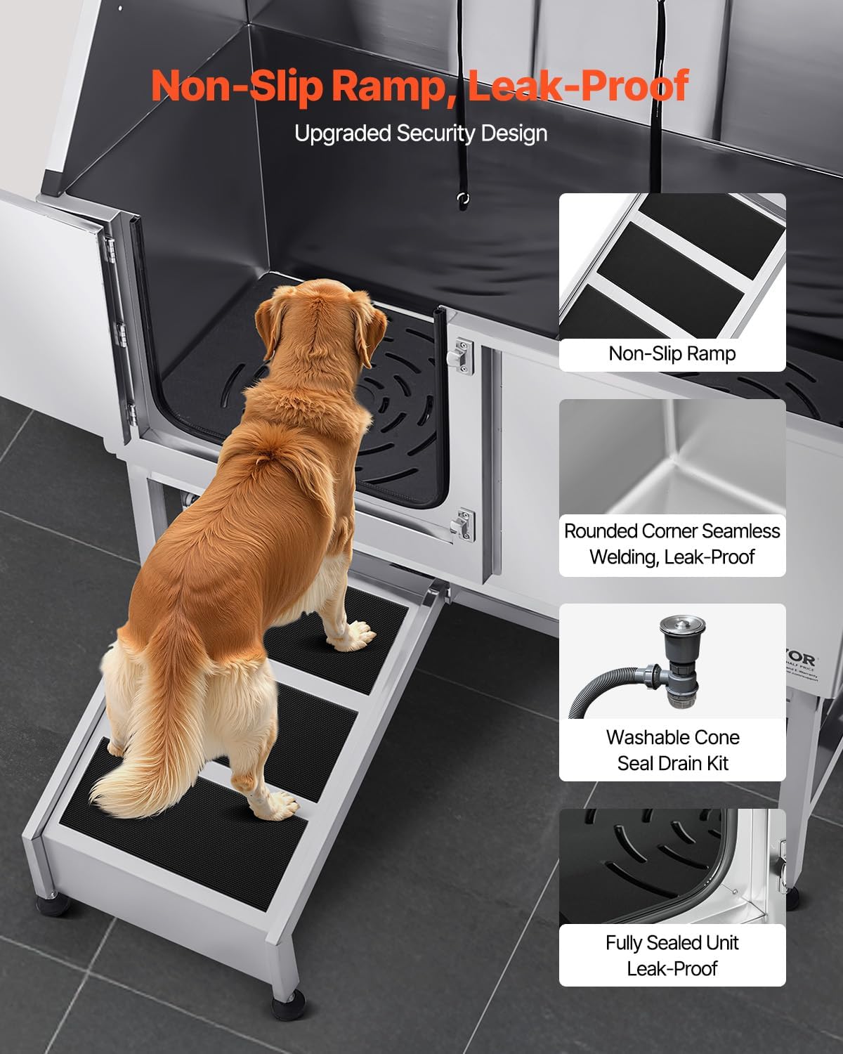 VEVOR Stainless Steel Dog Washing Station, 50 inch Pet Grooming Tub w/Ramp, PE Water Filter Board, Faucet & Showerhead & Soap Holder Dog Bathtub for Large & Medium & Small Pets (Left Door)