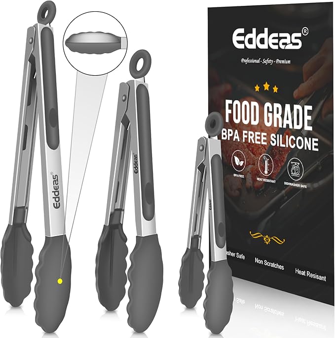 Kitchen Tongs with Silicone Tips - Heat Resistant 600 Degrees Stainless Steel Locking Cooking Tongs with Rubber Tips, Non-Stick Food Tongs for Cooking, Heavy Duty, Set of 3-7" 9" and 12" Grey