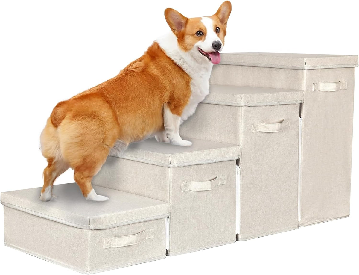 Dog Stairs with Storage, 4-Step Folding Pet Steps for Small Dogs and Cats, Pet Steps Storage with Zip, Pet Stairs for High Bed, Couch and Car Ramp (Beige, 4 Steps no Condo)