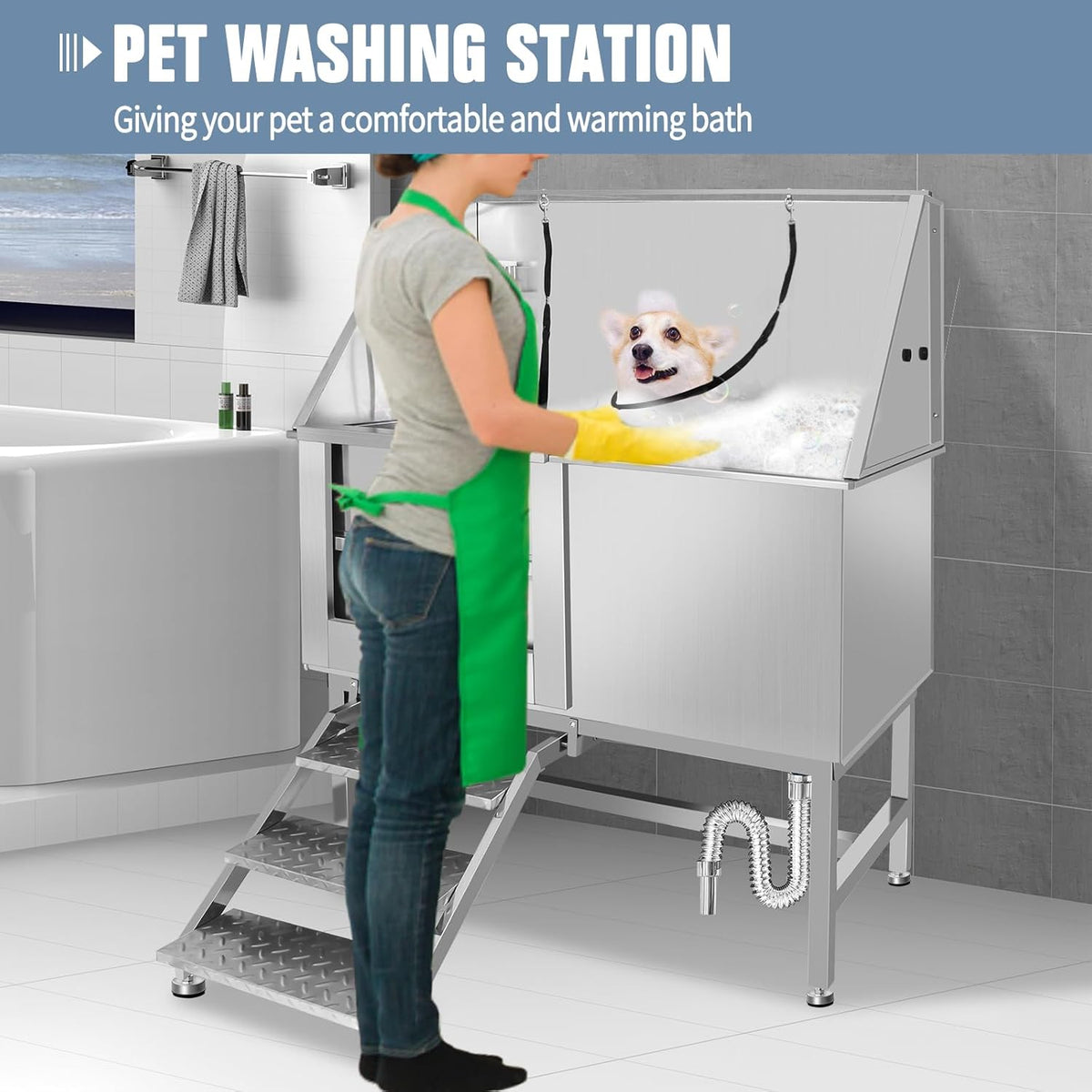 50" Dog Bathing Station, Professional Dog Washing Station Stainless Steel Dog Grooming Tub for Home,Equipped with Three Anti-Slip Steps, Removable Door, Pet Wash Station for Pet (50" Left ramp)