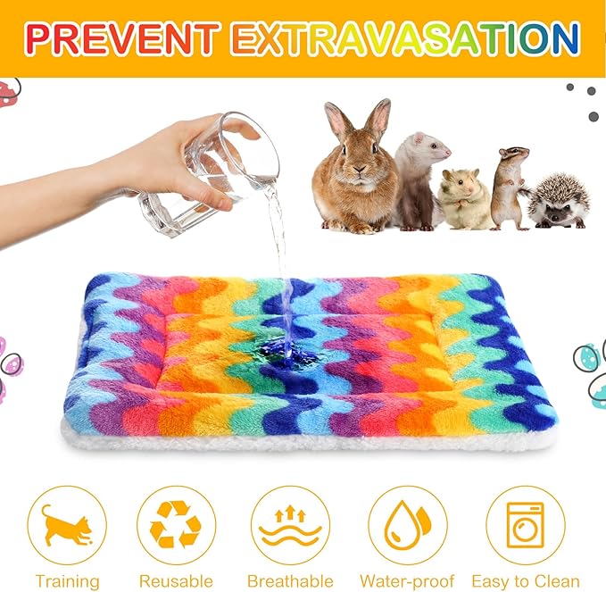 Haull 4 Pcs Waterproof Guinea Pig Bedding Winter Guinea Pig Bed Plush Cage Liners Soft Dog Cat Mat Reversible Winter Cozy Animal Pee Pad Hamster Bed Mat for Bunny (Rainbow,13 x 10 Inch)