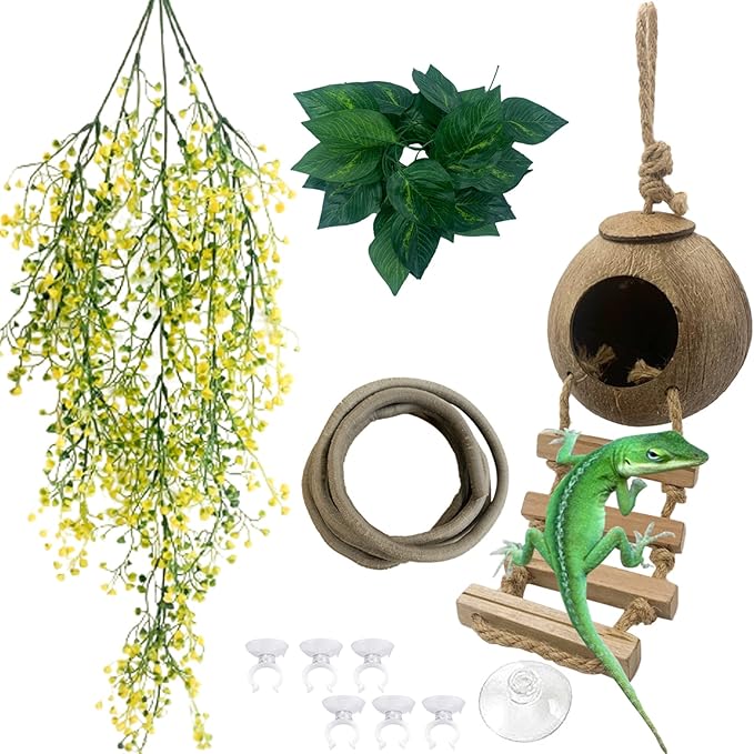 Crested Gecko Coconut Hut with Ladder,Natural Bearded Dragon Coco Den Reptile Shell Hideout Husk Hut Climbing Plants Leaves Tank Accessories for Lizard Chameleon Snakes