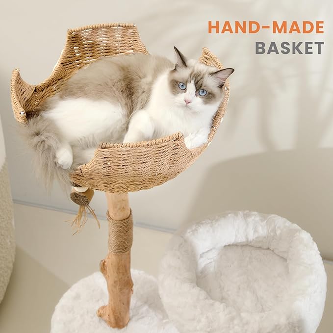 Cat Tree Tower with Two Real Branches, 44 INCH Wood Modern Cat Tower with Luxury Cat Condo, Cat Scratching Post, Jumping Platforms, Cat Furniture (Short Plush)