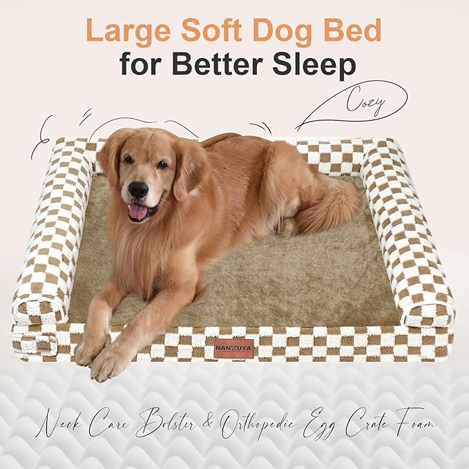 Large Dog Bed Orthopedic Washable: Beds Bolster XL Bed Big XLarge Dogs Egg Crate Foam Couch Sofa Waterproof with Removable Cover - Brown Grid