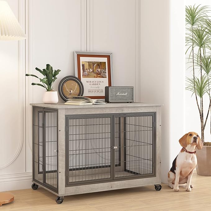 IchbinGo Wooden Dog Crate Furniture, 38.5" Dog Kennel with 3 Doors, Flip-up Top Opening and Wheels, Decorative Pet Crate Dog House for Large/Medium/Small Dog Indoor Use (Rustic Grey)