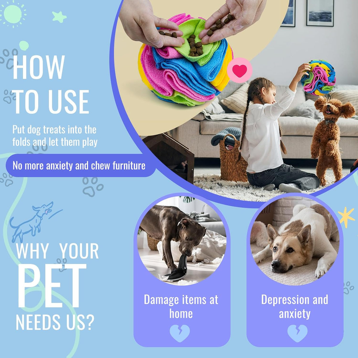 Pet Snuffle Ball, Puzzle Sniffing Interactive Dog Ball for Blind Dogs Training Stress Relief Dog Enrichment Toys Treat Machine Washable (20cm, New Rainbow Color)