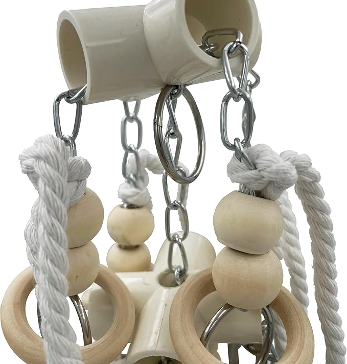 Durable Stainless Steel Pots & Wooden Beads Parrot Toys - Pullable 8 Metallic Cups & 8 Natural Dye-Free Rings for Large & Extra Large Parrots Macaws Amazons African Greys Cockatoos Eclectus