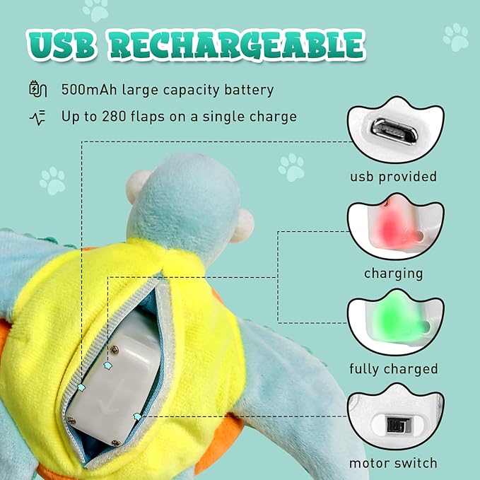 Cat Toys, Flapping Fins Cute Turtle, No Flying, Chirping Bird Interactive Catnip Toy for Kitten or Small Dogs, Touch Activated, Rechargable