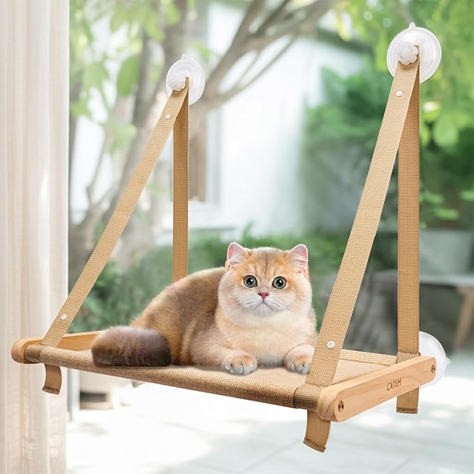 CATISM Cat Window Perch - Foldable Cat Hammock for Window, Soft Seat Machine Washable, Solid Wood Frame, 4 Suction Cups, Cats Window Hammock Load Weight Up to 40lbs