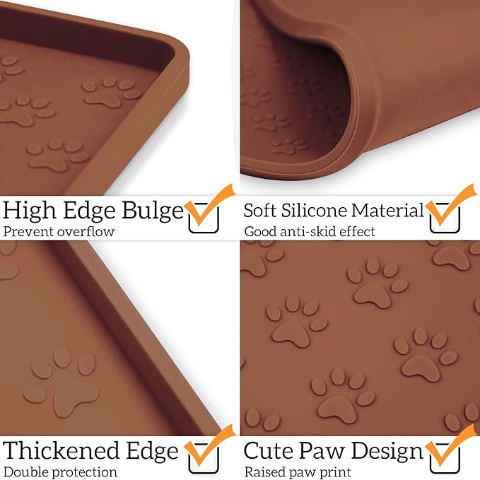 Ptlom Pet Placemat for Dog and Cat, Waterproof Silicone Pet Feeding Bowl Mats for Food and Water, Small Medium Large Dogs Mat Prevent Residues from Spilling to Floor, Brown, 11.8"x11.8"