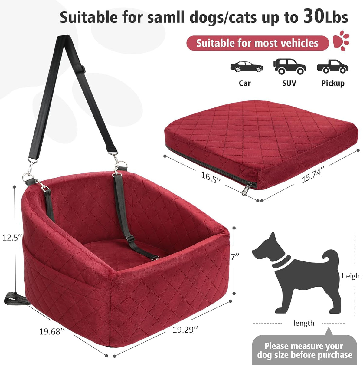Dog Car Seat for Small Medium Dogs,Detachable Washable Dog Booster Seat Under 30lbs, Pet Car Seats Travel Bed with Storage Pockets and Safety Belt(Red)