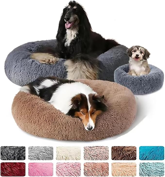 Calming Dog Bed for Small Dogs, Calming Donut Cuddler Pet Bed Anti Anxiety Round Dog Bed Fluffy Plush Faux Fur Cat Bed,Navy Blue,31.5IN