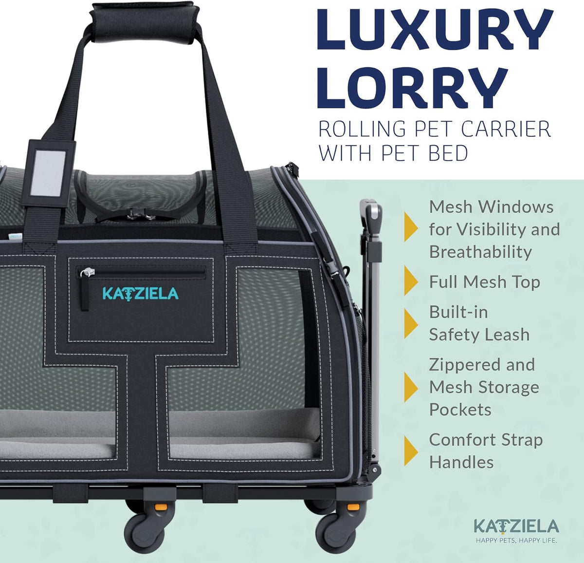 Airline Compliant Pet Carrier - Rolling Portable Travel Carry Crate for Small Dog, Puppy or Cat - Soft Removable Wheeled Design with Mesh Window Sides - Airplane and TSA Compliant- by Katziela