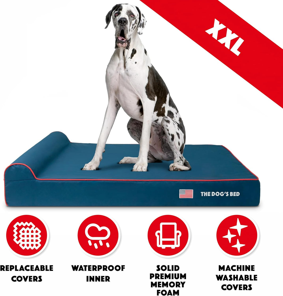 The Dog’s Bed Orthopedic Headrest Dog Bed XXL Blue Oxford with Red Trim US Flag 54x36, Memory Foam, Hip & Elbow Dysplasia, Post Surgery, Lameness, Veterinary Approved, Waterproof Washable Cover