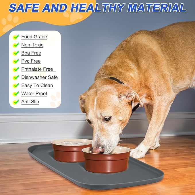 Silicone Pet Feeding Mat with Raised Edge for Food and Water, Dog Bowl Mats, Cat Bowls Placemat with High Lip for Floor Waterproof, Rubber Tray for Cats and Dogs 22 x 14 x 0.8 Dark Grey