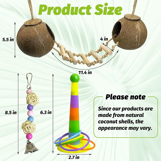 kathson 5Pcs Bird Coconut House with Ladder Parakeet Coconut Nest for Cages Parrot Hut Hanging Natural Coconut Fiber Conure Chewing Toys for Cockatiel Budgie Lovebird Cockatoos