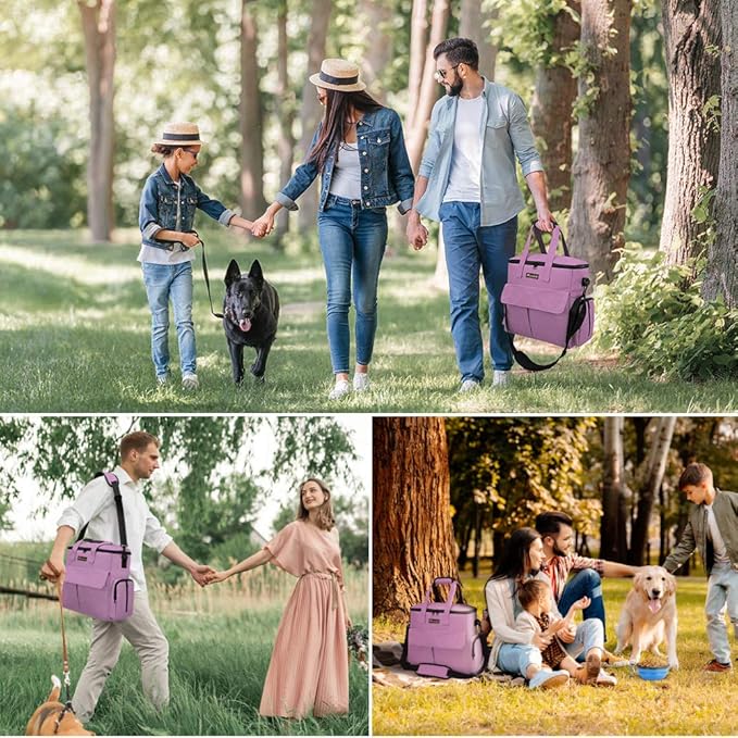Modoker Dog Food Tote Bag, Airline Approved Pet Gear Travel Set Portable Diaper Accessories Organizer with 2 Food Storage Containers, 2 Collapsible Bowls, 1 Feeding Mat (Pink)