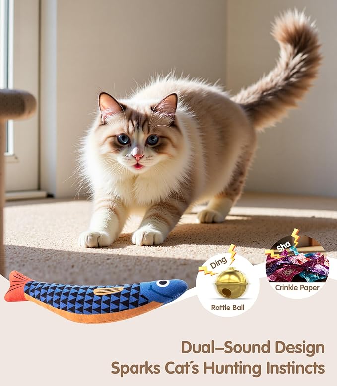 Interactive Cat Toys with[5000mg Premium A+Catnip &Silvervine][Baby Grade] Soft Chew Kicker Cat Toys for Indoor Cats & Kittens, Crinkle &Rattle Fish Sound Toy, Drives Bored Cats Crazy with Fun,3 Pack