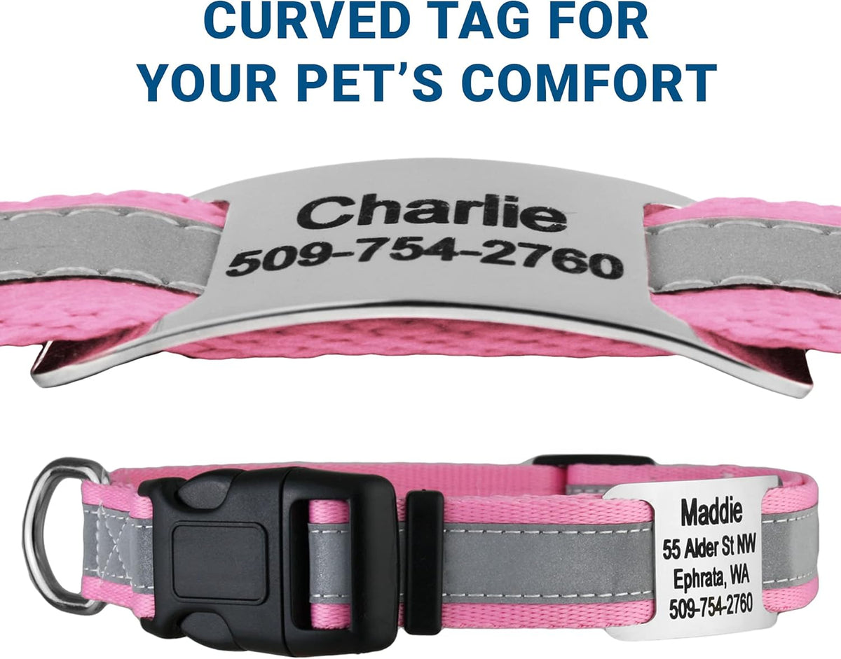 GoTags Reflective Personalized Dog Collar with Nameplate, Adjustable Dog Collar with Custom Engraved Steel Slide On Pet ID Tag, Silent, No Noise Dog Tag for Large Medium or Small (Pink, Large)