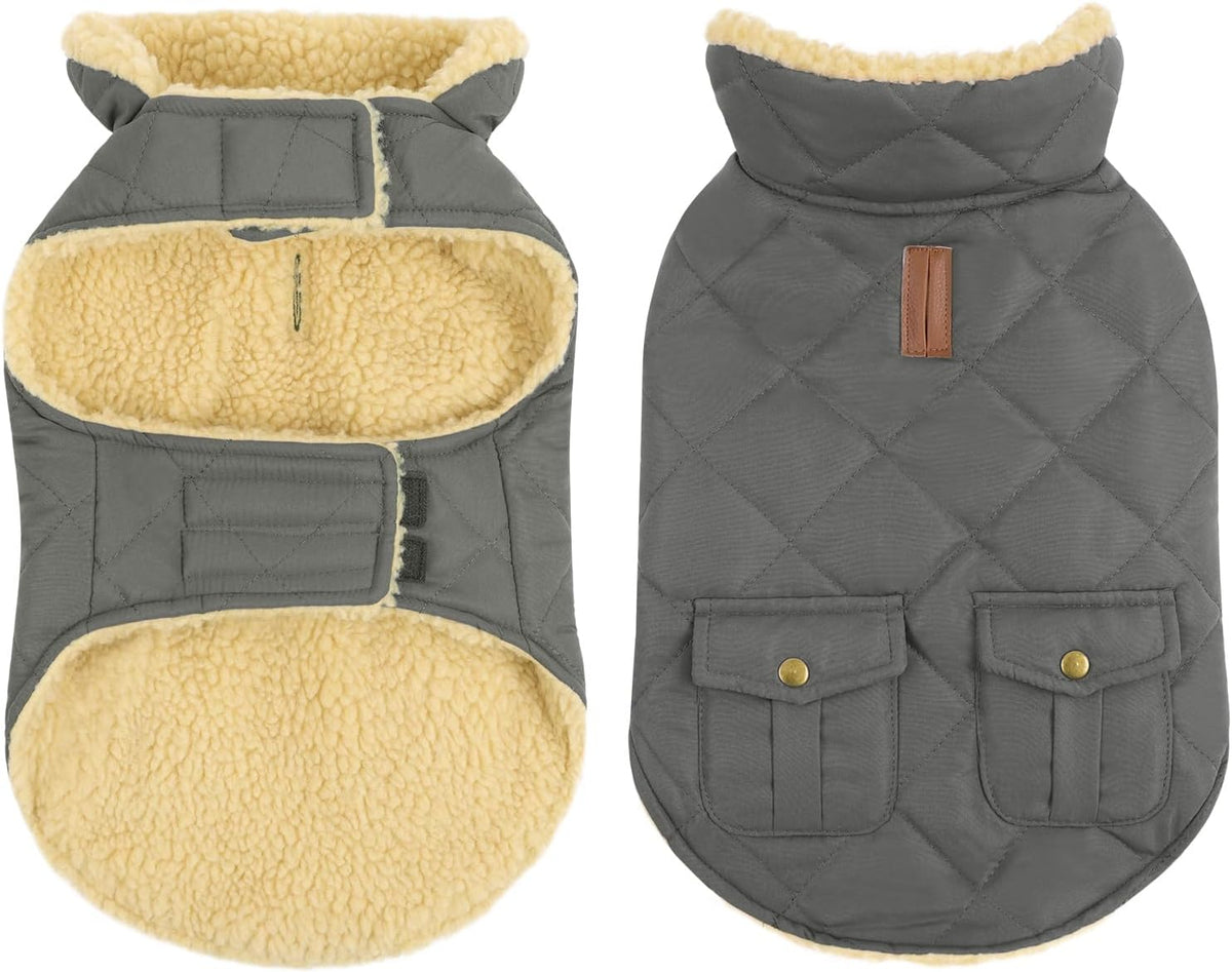 Queenmore Dog Winter Coat - Fleece Jacket, Waterproof Cold Weather Clothes, Thick Warm Cotton Padding, Easy On Storage Pockets (Grey, X-Large)