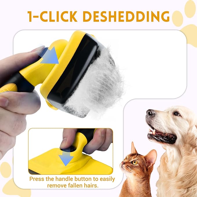 Large Self Cleaning Deshedding Brush for Dogs & Cats - One Button Hair Release Grooming Tool, Gentle Massage Brush for Long and Short Hair (Yellow)