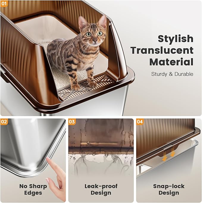 Tripamin 15” XL Stainless Steel Cat Litter Box Enclosure, XXL Stainless Steel High Sides with Lid, Extra Large Metal Cat Litter Box (Translucent Brown, XX-Large)
