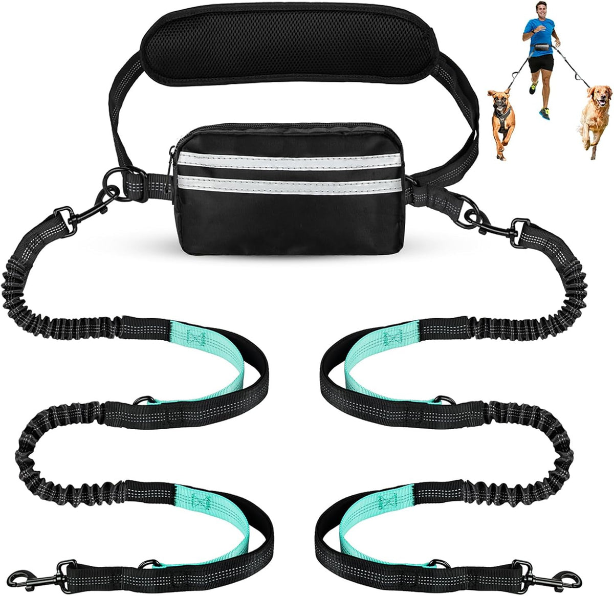 Hands Free Dog Leash with Pouch, Double Leash for Two Dogs, Retractable Bungee with Double Padded Handles, Waist Leash for Dog Walking, Running Leash for Dogs, Dog Walking Accessories