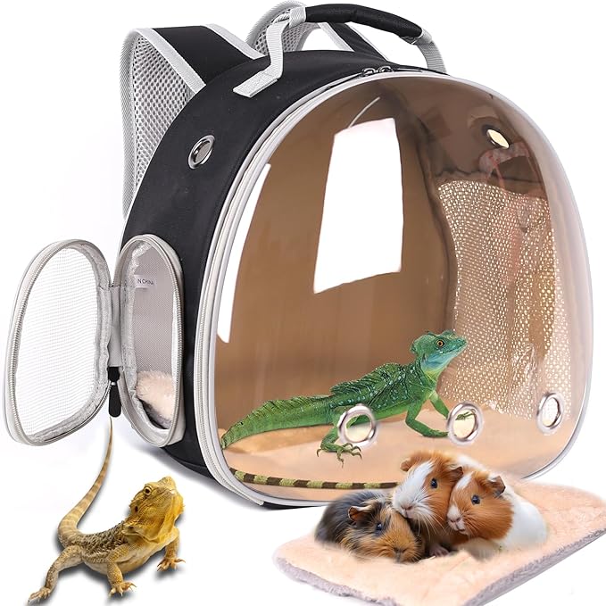 Bearded Dragon Backpack Carrier with Clear Bubble Window for Small Animal,with Soft Warm Mat Set,Guinea Pig Carrier for 2,Reptile Travel Carrier for Lizards Sugar Glider Hedgehog Rat Parrot Birds