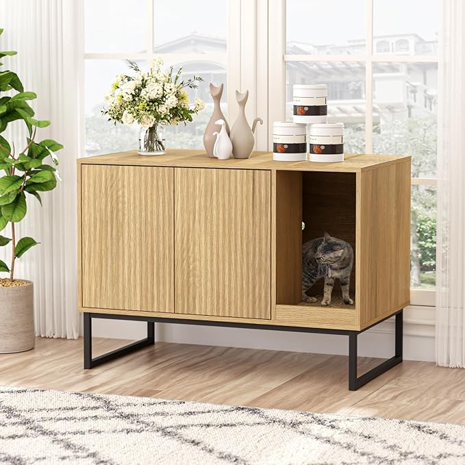 Cat Litter Box Enclosure, Fluted Hidden Litter Box Furniture with Scratch Pad and Metal Legs, Modern Enclosed Cat Cabinet, 31.5 x 17.7 x 21.7 Inches Indoor Pet House for Living Room, Washroom, Natural
