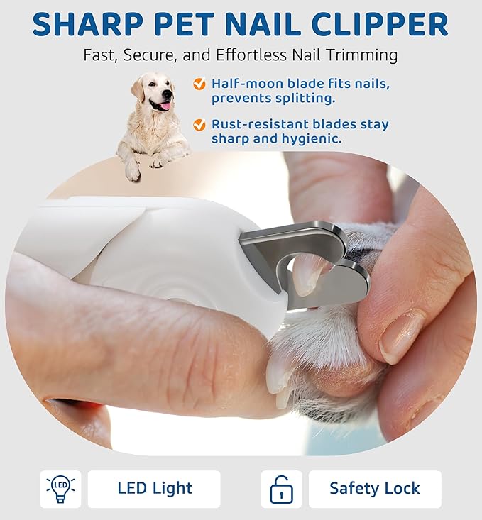 Pet Nail Clipper with Light for Cats & Small Dogs Puppies, Ultra Bright LED to Illuminate Nail Bloodline to Avoid Over Cutting, Extra-Sharp and Durable Cat Claw Trimmer with Nail File (White)