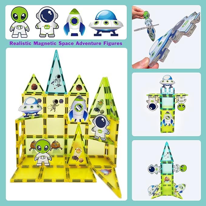 Magnetic Tiles Building Block Set Magnet Tiles Educational Toy Space Adventure Learning Construction Magnetic Toys Set Birthday Gift for Boys Girls Kids Age 3 4 5 6 7 8