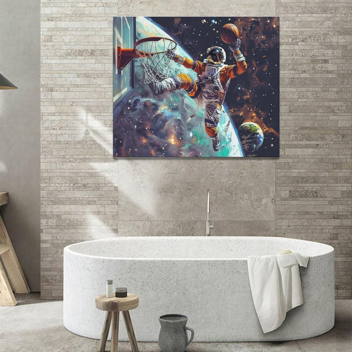 Quorin Astronaut Wall Art Funny Spaceman Basketball Pictures Space Galaxy Planet Wall Decor Canvas Print Painting Artwork for Bathroom Living Room Bedroom 20"x24"