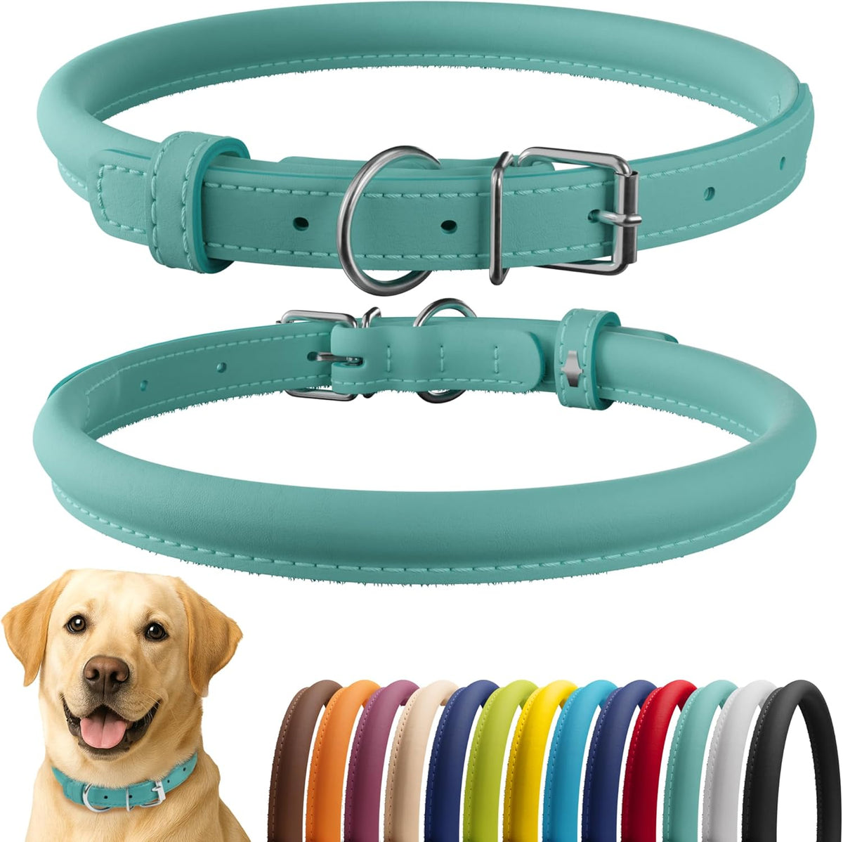 CollarDirect Rolled Leather Dog Collar, Soft Padded Round Puppy Collar, Handmade Genuine Leather Collar Dog Small Large Cat Collars 13 Colors (15-19 Inch, Mint Green Smooth)