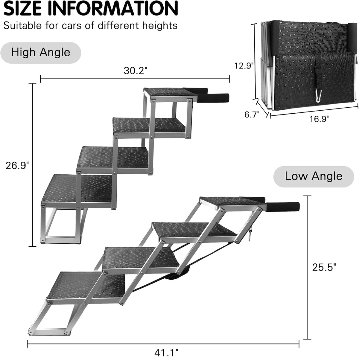DGSL Dog Ramp for Car, 4-Step Folding Dog Stairs, Aluminum, Black, Supports Up to 250 Lbs