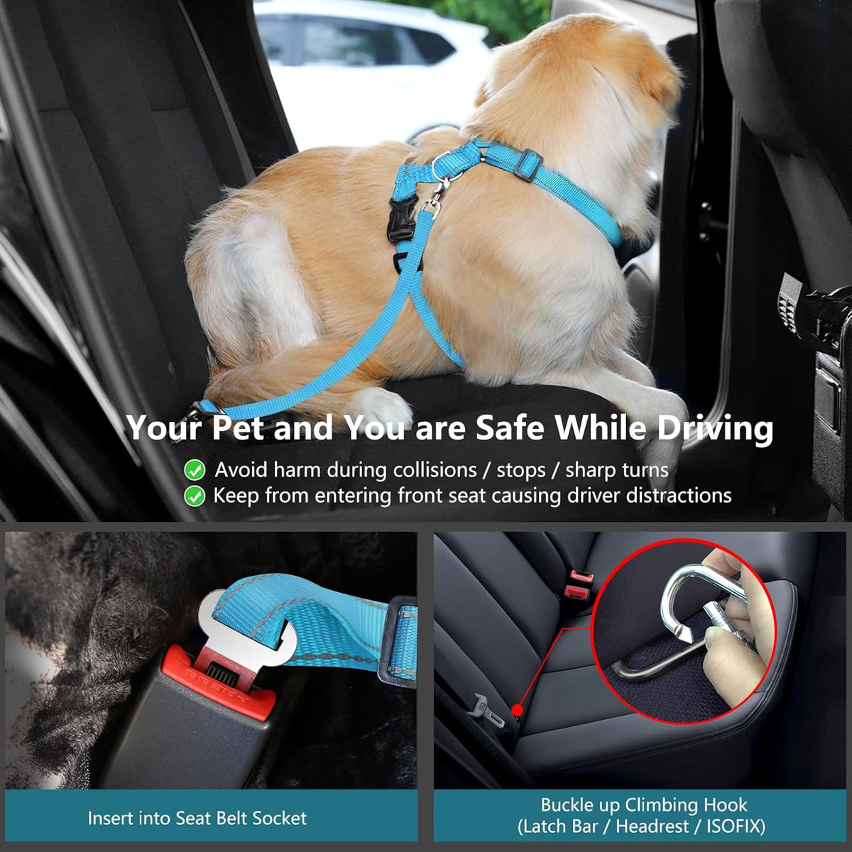 Dog Seat Belt Harness for Car, Dog Car Harness Adjustable Mesh Breathable & Dogs Seatbelt Safety Tether with Elastic Bungee for Small Medium Large Pets(Blue, XL)