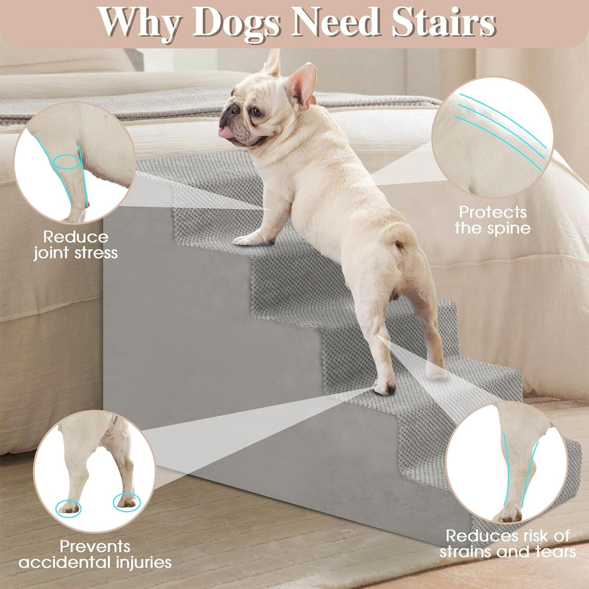 GGIB Dog Stairs for Small Dogs Cats Non-Slip Dog Steps for High Bed Pet Stairs for Sofa Couch Pet Ramp Pet Steps with Removable Washable Cover, Light Grey, 22" H, 5-Step