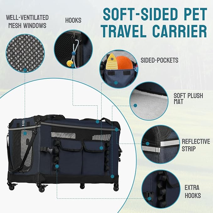 24-inch Foldable Cat Carrier with Removable Wheels – Large Pet Travel Carrier for Cats & Small Dogs, Breathable & Sturdy for Car Rides (Holds up to 44lbs)