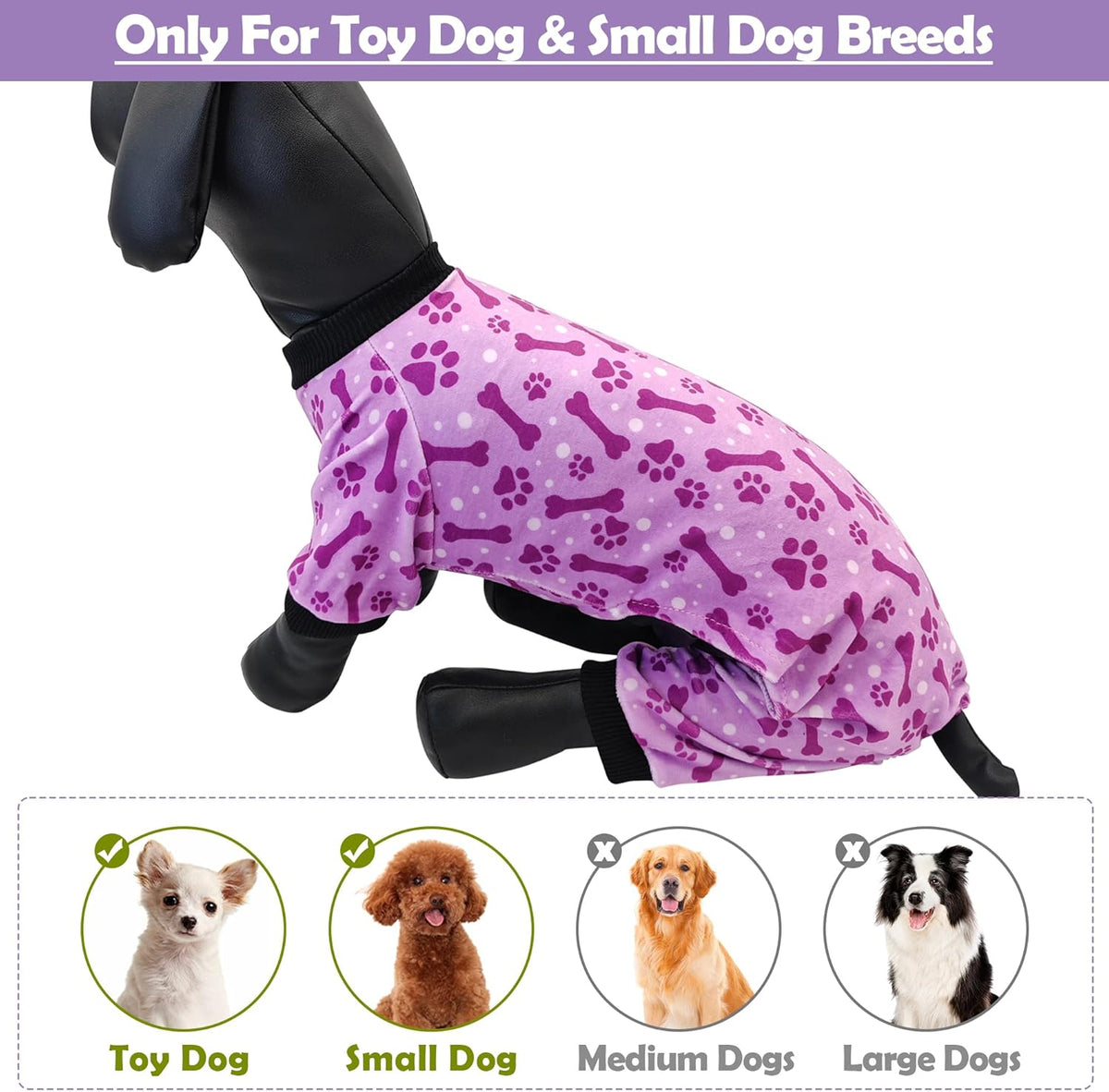 PET SHOW 4 Pack Small Dog Pajamas Paw Bone Patterns Cute Clothes for Medium Dogs Soft Fleece Stretchy PJs 4 Legged Jumpsuit Puppy Cats Onesies Outfits with Sleeve Dachshund Doggies Girl Boy (Small)