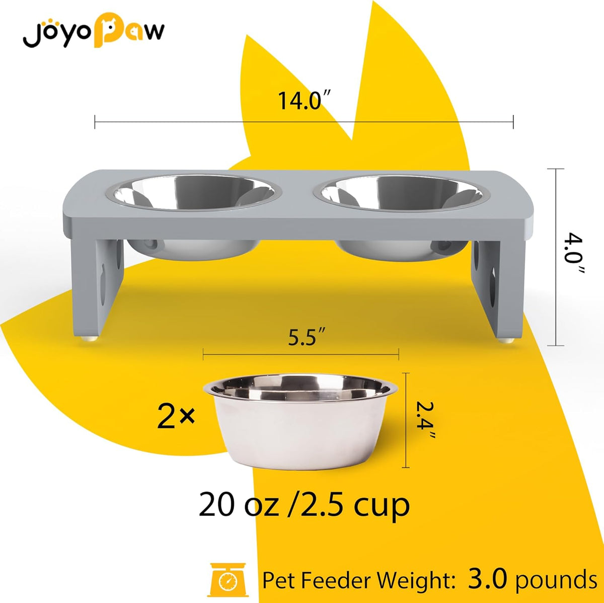 Elevated Dog Bowls, Bamboo Raised Dog Bowl for Small Dogs & Cats, with 2 Stainless Steel Bowls (4'' Tall-20oz Bowl, Grey)
