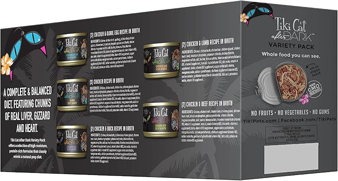 Tiki Cat After Dark, Variety Pack, High-Protein and 100% Non-GMO Ingredients, Wet Cat Food for Adult Cats, 2.8 oz. Cans (Pack of 12)