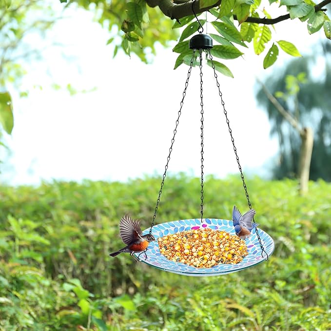 MUMTOP Mosaic Hanging Bird Bath-Bird Baths for Outdoors - 12 Inch Glass Bird Water Bowl Bird Feeders for Outside, Garden, Lawn Yard Decor（Blue）