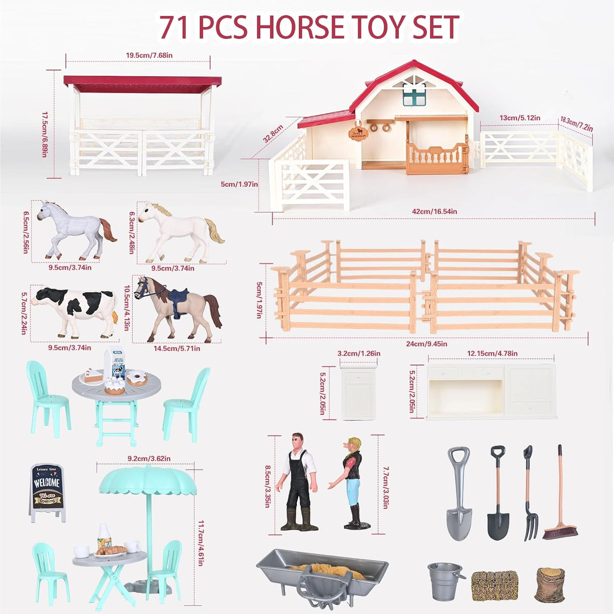 Horse Club Riding Arena 71-Piece, Horse Stable Toys Playset, Farmmer Figures,Farm Animal Figurine, Coffee Shop, Barn with Fence Toys for 3-7 Years Old Kids Boys Girls Toddlers
