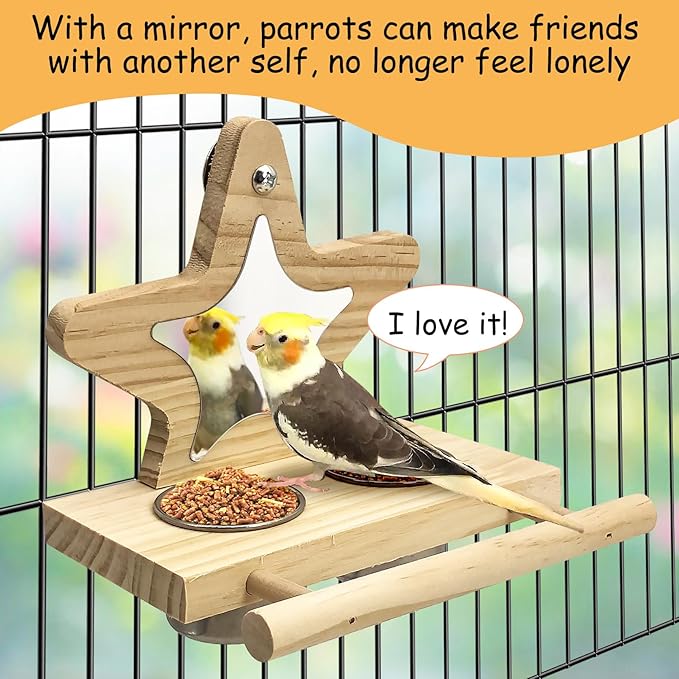 Tfwadmx Parrot Wooden Feeding Cups with Wooden Platform Stainless Steel Birds Bowls Food Water Bowls with Bird Food Holder for Cockatiel Conure Budgie Parakeet Macaw Lovebird
