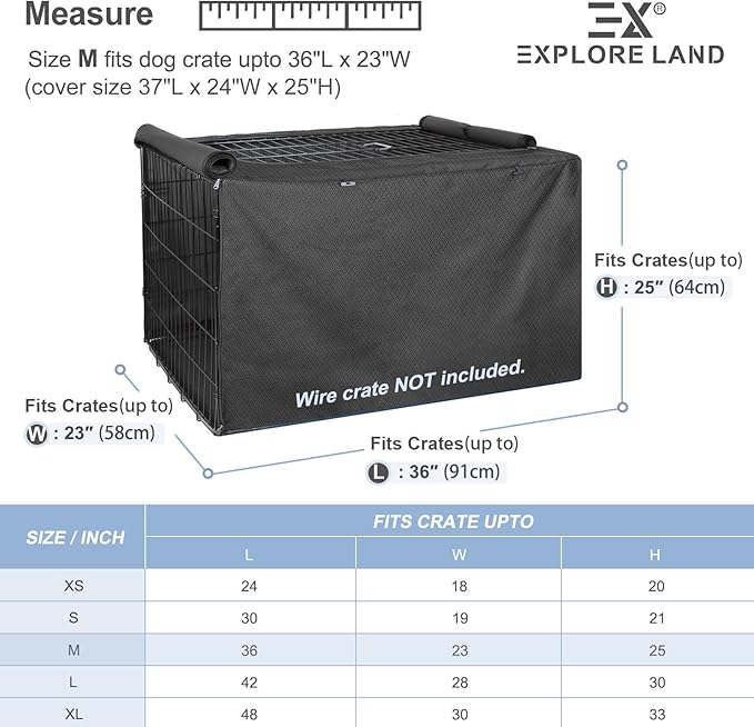 Explore Land Dog Crate Cover for 36 Inches Wire Cage, Heavy-Duty Lattice Pet Kennel Enclosure Compatible with 1 2 3 Doors Standard Metal Cage (Black)
