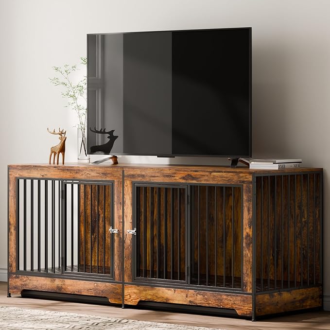 VEVOR 75" Dog Crate Furniture for 2 Dogs,Extra Large Double Dog Crate Furniture Large Breed with Divider & Double Doors,Large Wooden Dog Crate Furniture TV Stand for Medium Large Dogs Brown